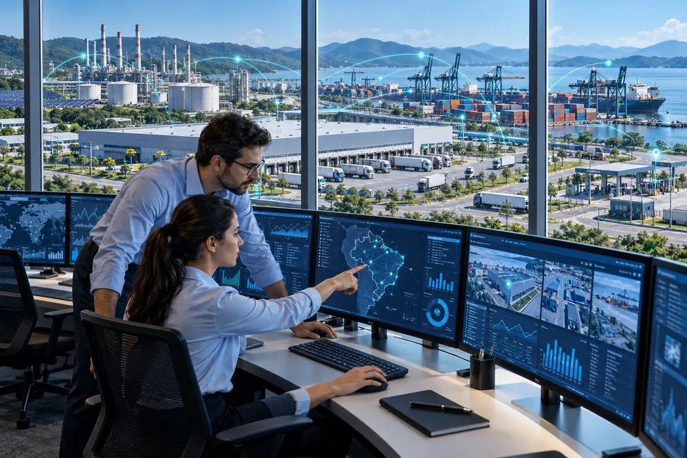 Profissionais analisando dados em centro de operações empresarial com infraestrutura industrial e logística ao fundo